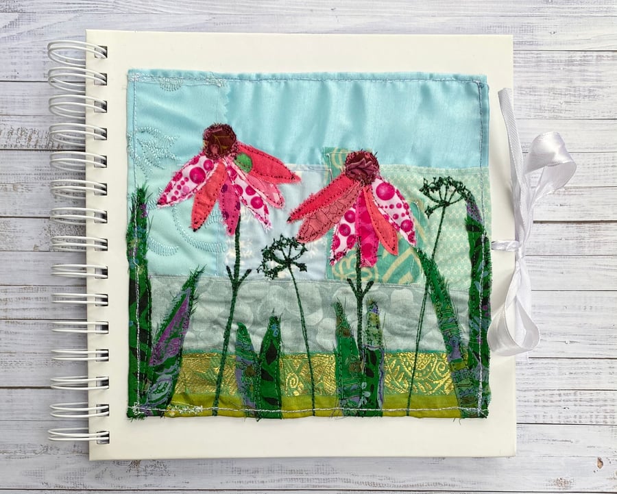 Embroidered flower garden sketchbook, photo album, journal or scrap book. 