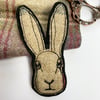 Upcycled embroidered hare brooch pin or badge.