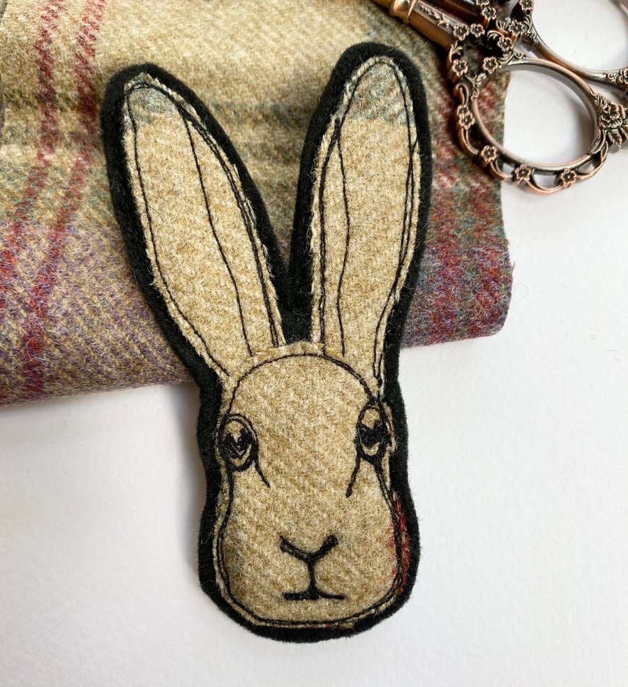 Upcycled embroidered hare brooch pin or badge.