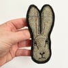 Upcycled embroidered hare brooch pin or badge. 