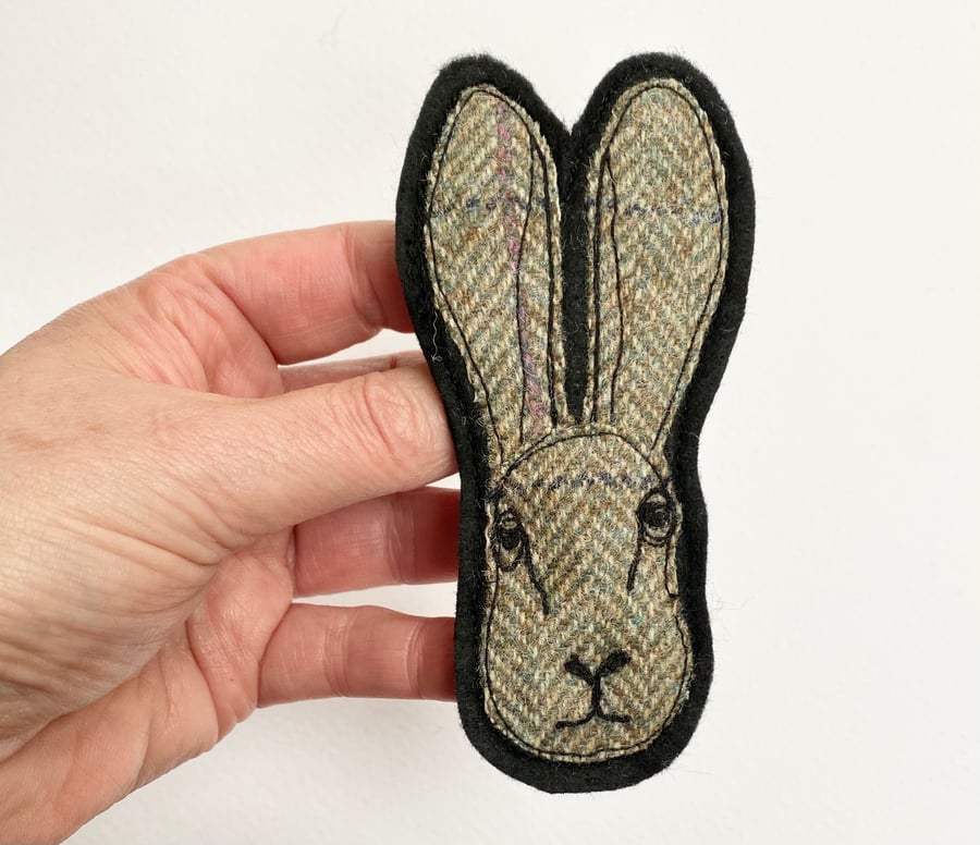 Upcycled embroidered hare brooch pin or badge. 