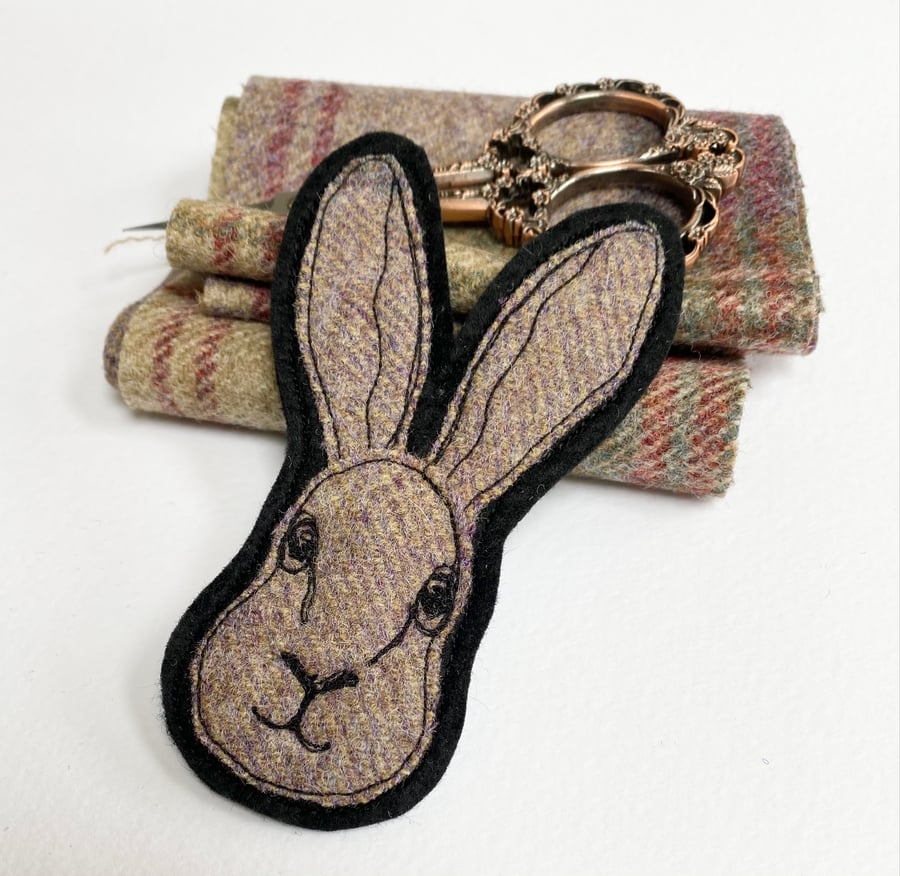 Upcycled embroidered hare brooch pin or badge. 