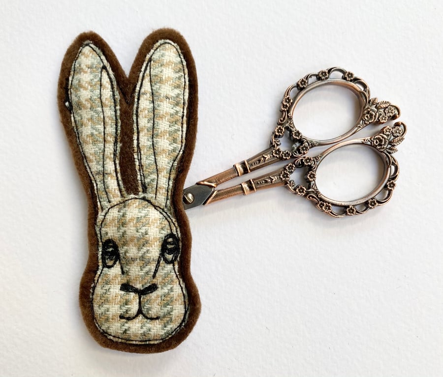 Upcycled embroidered hare brooch pin or badge. 