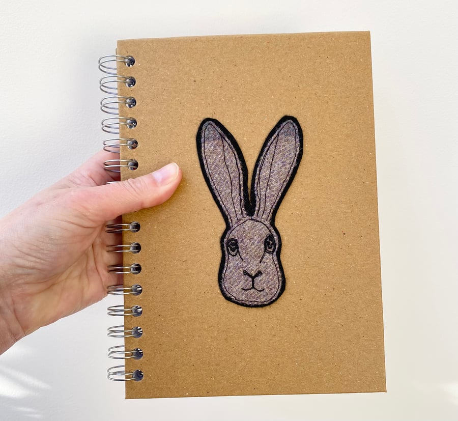 Embroidered tweedy hare hardback lined notebook.