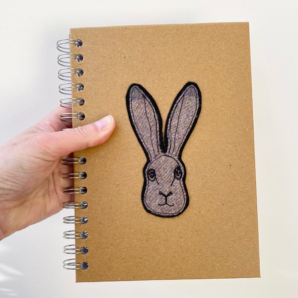 Embroidered tweedy hare hardback lined notebook.