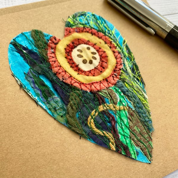 Embroidered flower garden heart card. 