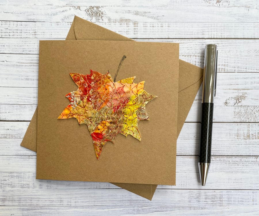 Embroidered leaf card. 