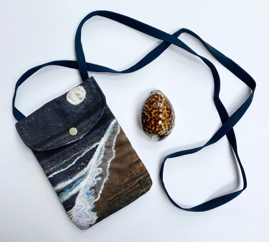 Seascape and moon cross body mobile phone bag with shoulder strap. 