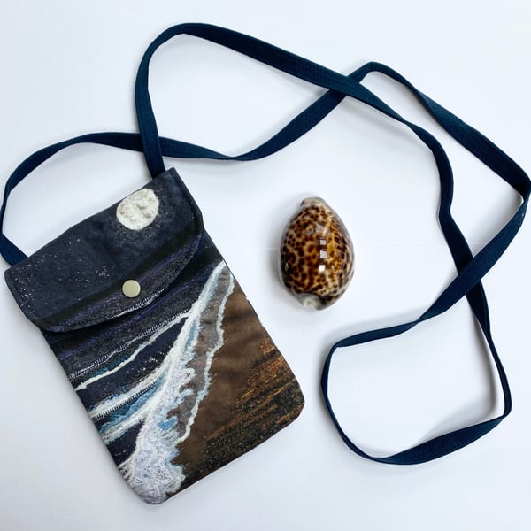 Seascape and moon cross body mobile phone bag with shoulder strap. 