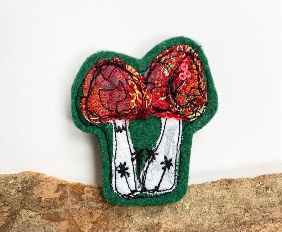 Up-cycled embroidered mushroom brooch pin or badge.  