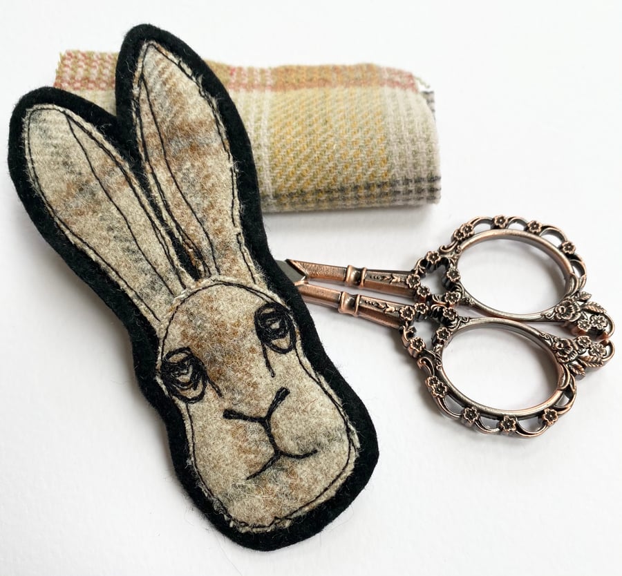 Upcycled embroidered hare brooch pin or badge. 