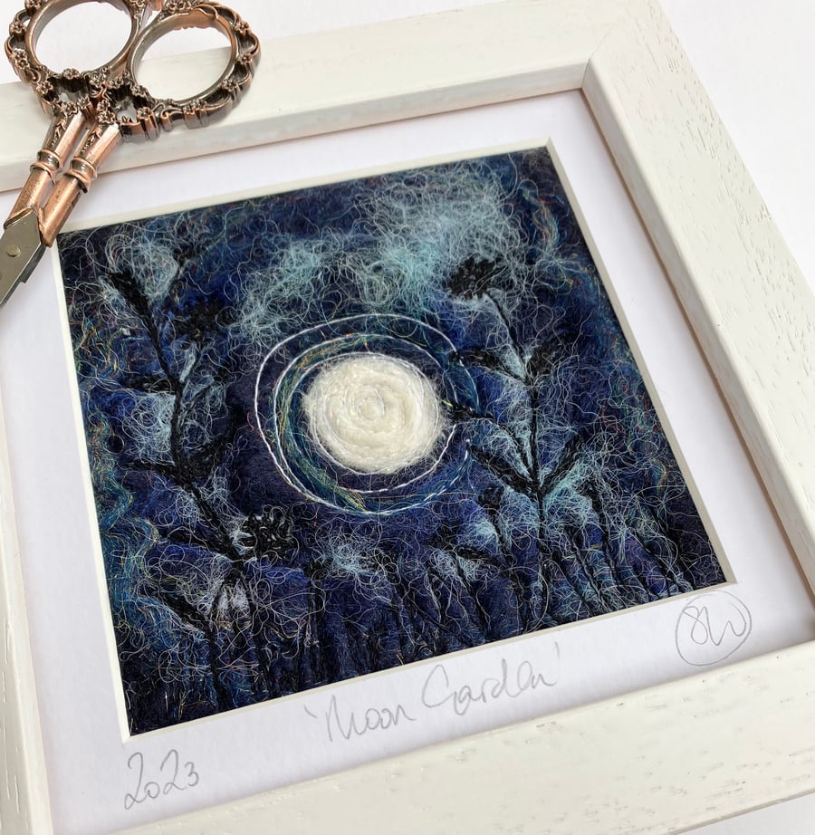 Embroidered full moon garden wet felting.