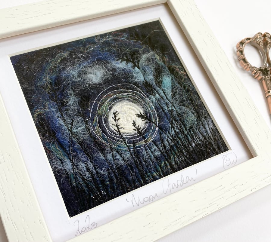 Embroidered full moon garden wet felting.