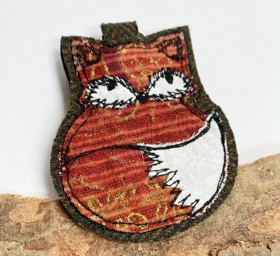 Up-cycled Fox plaid key ring or bag charm. 