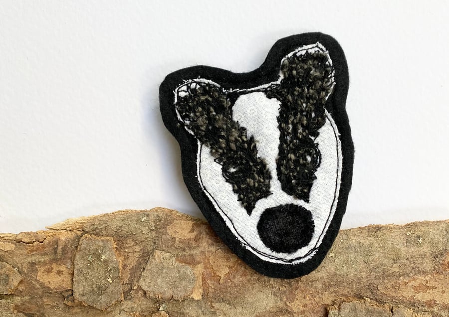 Up-cycled embroidered badger brooch pin or badge. 