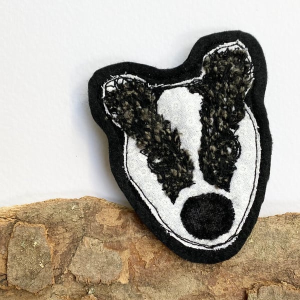 Up-cycled embroidered badger brooch pin or badge. 