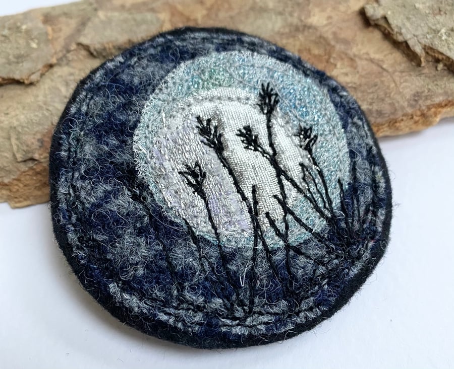 Up-cycled embroidered moon silhouette plaid brooch pin or badge.  