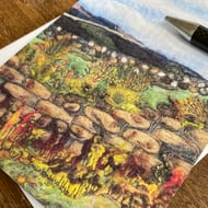 Moorland and dry stone wall landscape printed greetings card.  