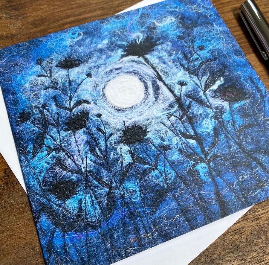 Embroidered full moonlit flower garden printed greetings card. 