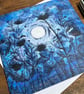 Moonlit garden with flowers and plants printed card. 