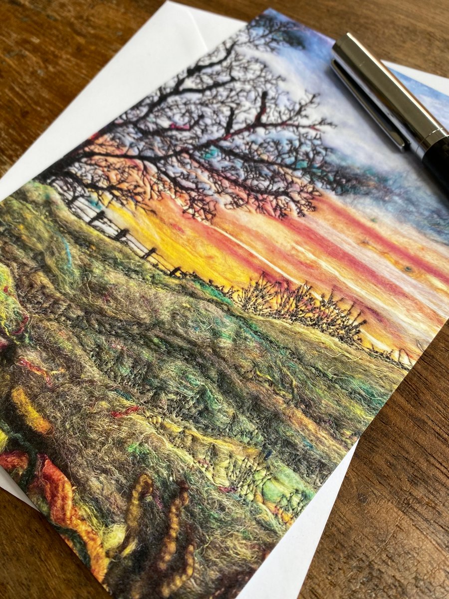 Sunrise over a hill with tree printed greetings card.  