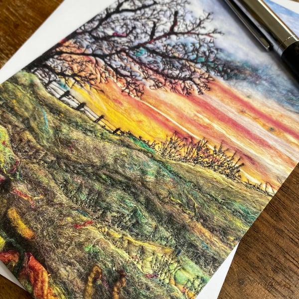 Sunrise over a hill with tree printed greetings card.  