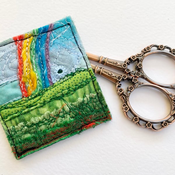 Up-cycled embroidered rainbow brooch pin or badge.  