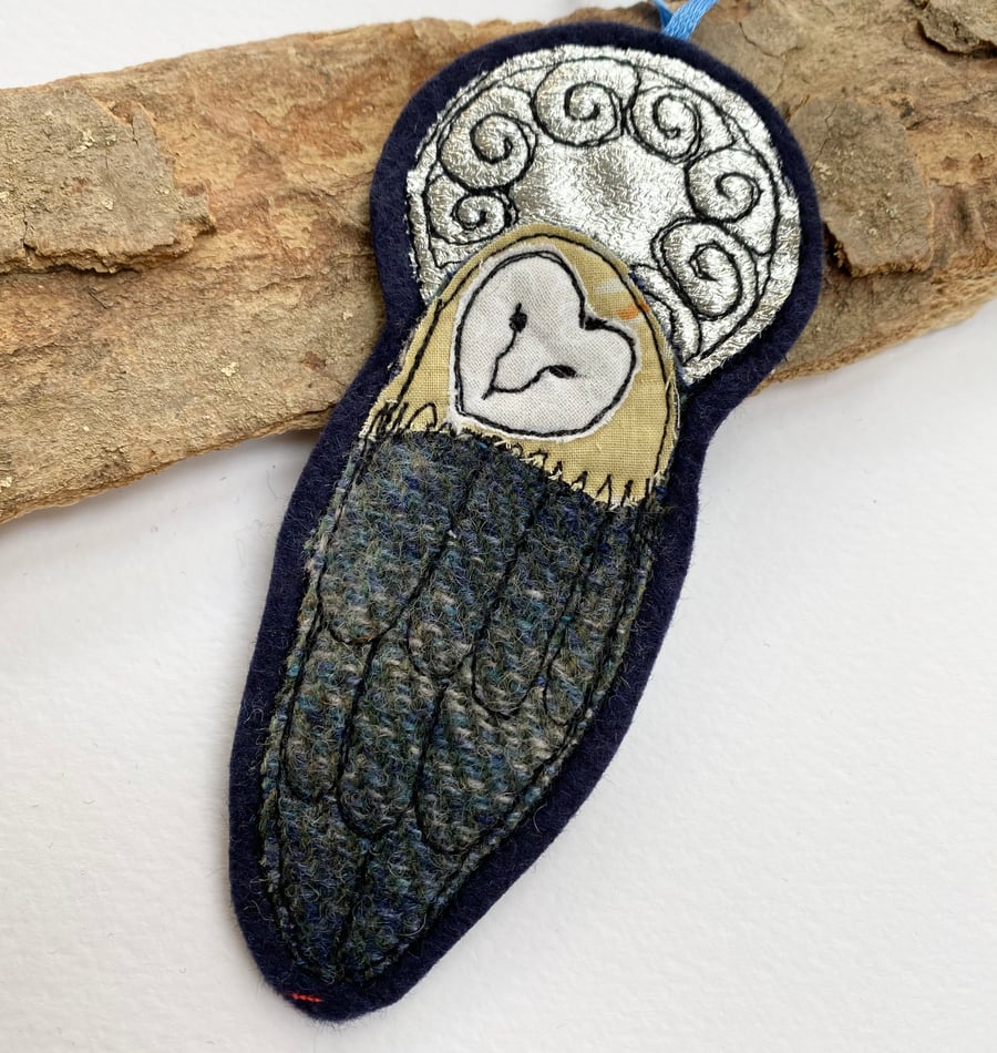 Embroidered up-cycled owl home decoration. 