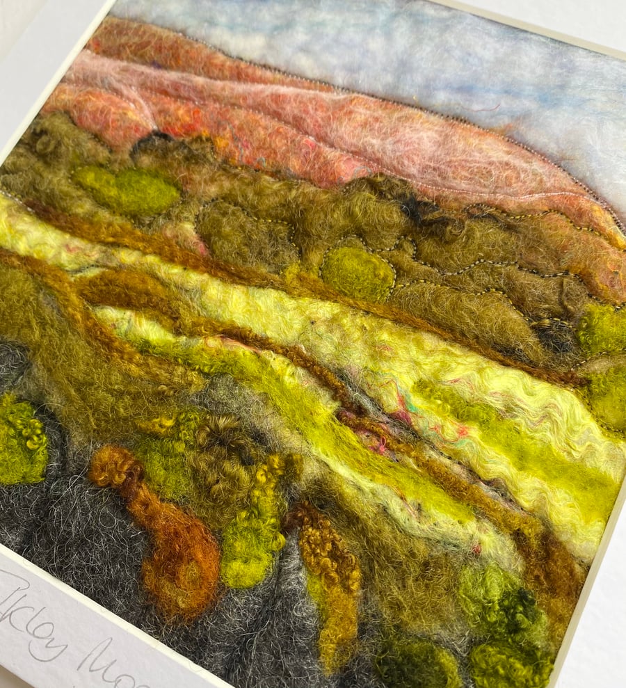 Embroidered moorland landscape wet felting.