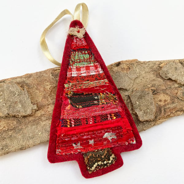 Embroidered up-cycled Christmas tree home decoration.