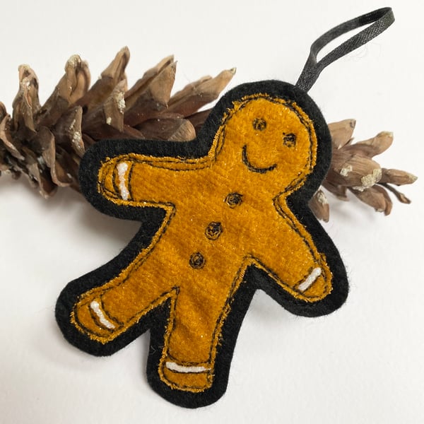 Embroidered up-cycled Ginger bread man tree home decoration.