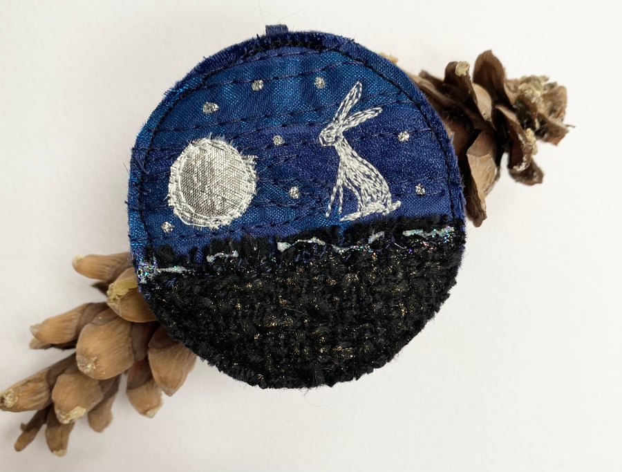 Embroidered up-cycled Hare gazing at the moon tree home decoration.