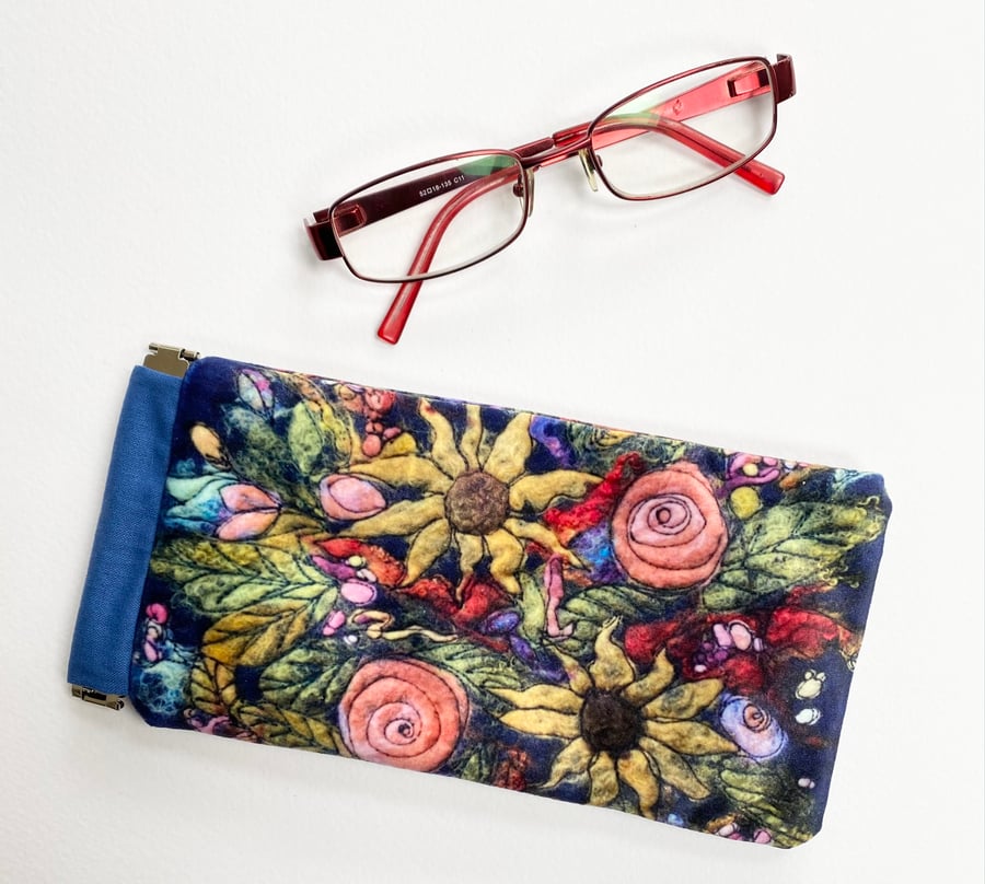 Handmade velvet flower glasses case, snap shut. 