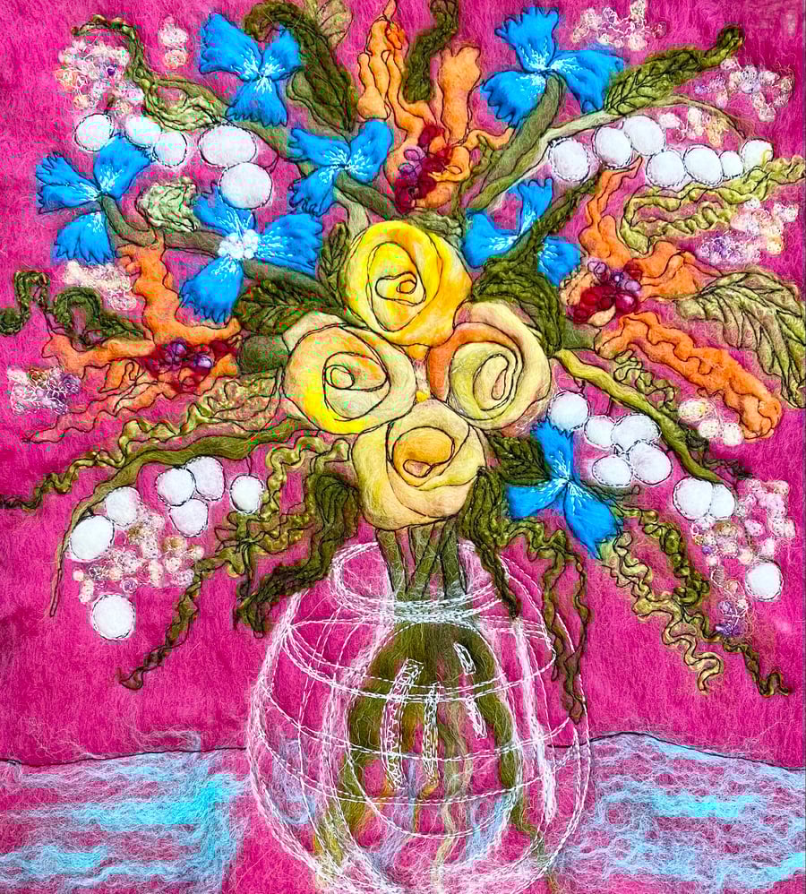 Flower bouquet in a glass vase wet felting embroidery. 