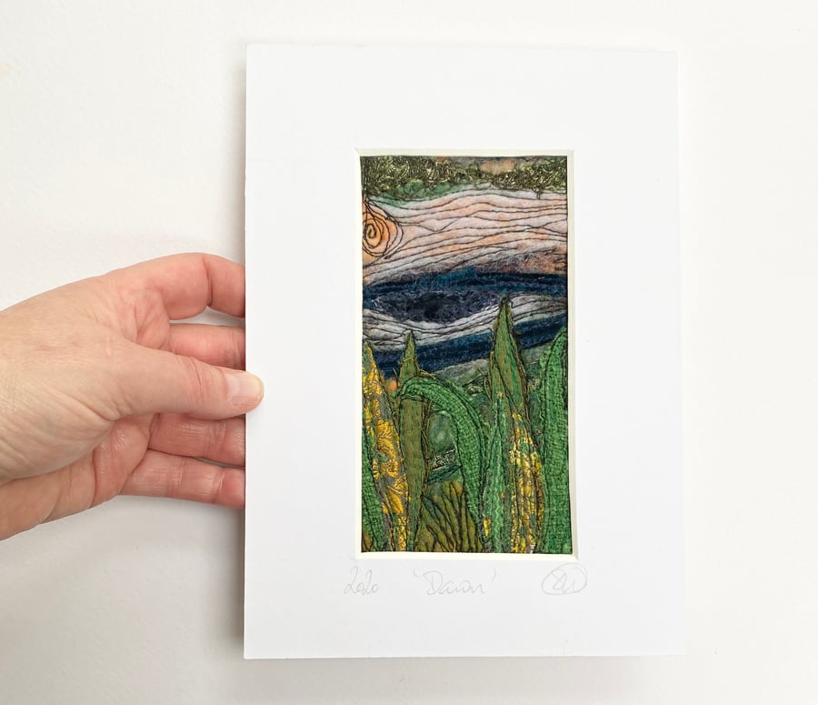 Embroidered Dawn sky sunrise wet felting wall art. 