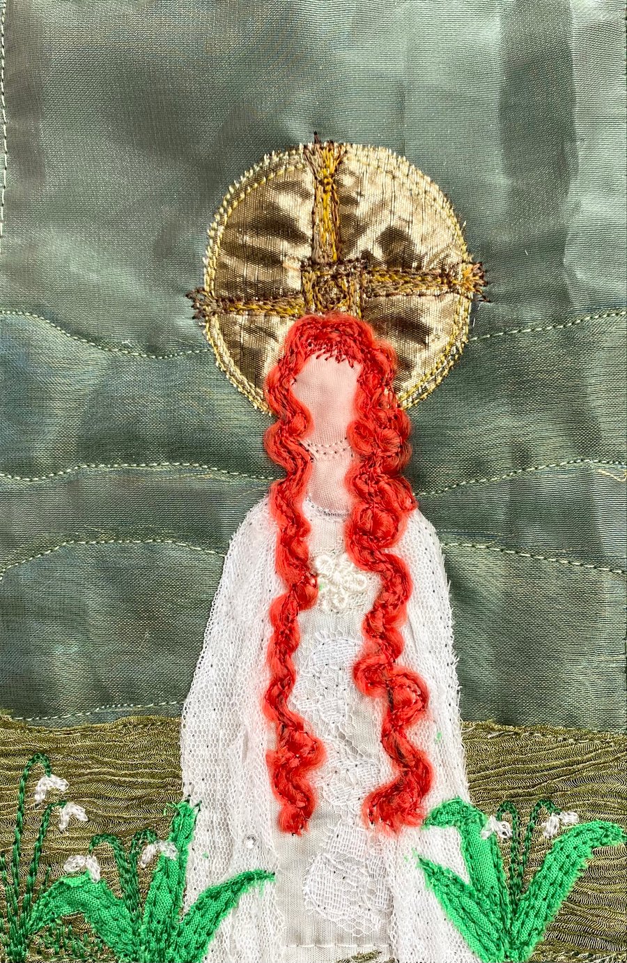 Upcycled embroidered Brigid celtic goddess with snowdrops. 