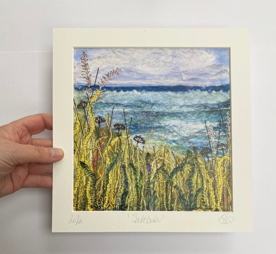Seascape mounted textile art print of Saltburn, Yorkshire. 