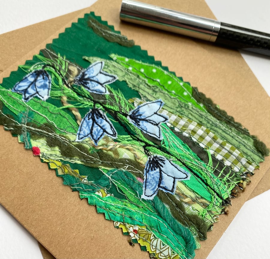 Up-cycled embroidered harebell flower garden card. 