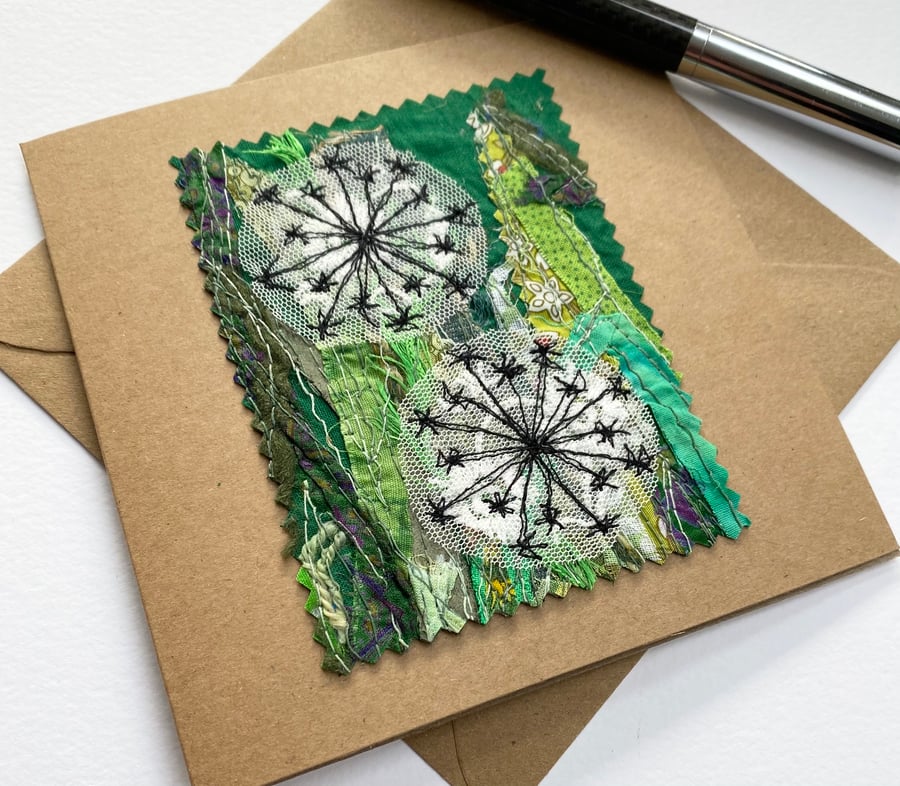 Up-cycled embroidered dandelion clock garden card. 
