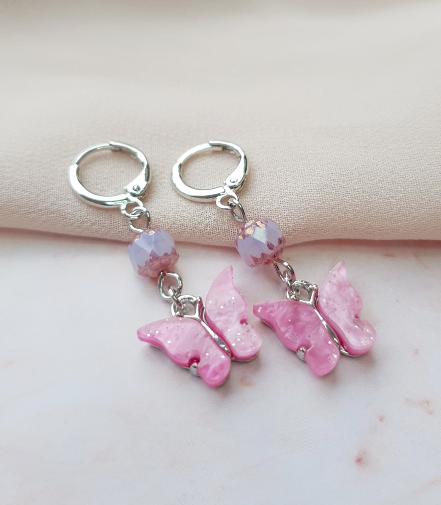 Pink Glitter Butterly & Czech Glass Silver Leverback Hoop Dangle Earrings