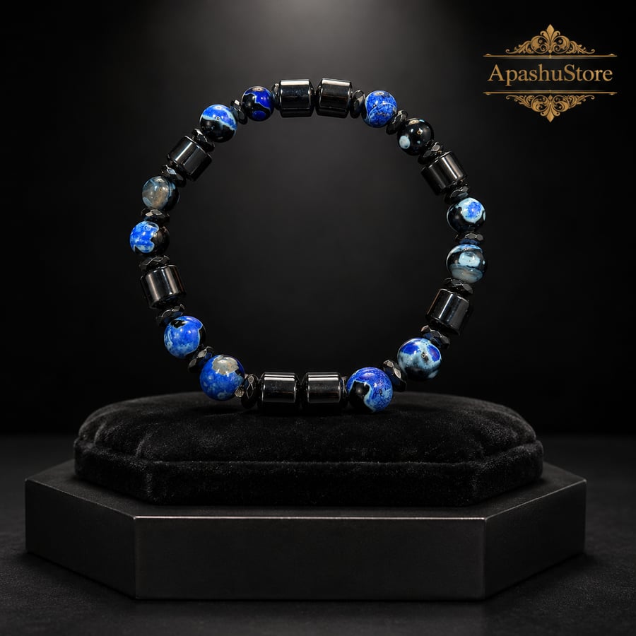 Men’s Blue Agate & Hematite Bracelet – 19 cm – 8 mm Beads