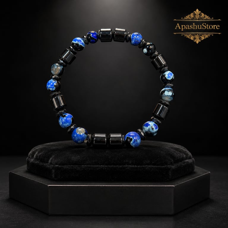 Men’s Blue Agate & Hematite Bracelet – 19 cm – 8 mm Beads