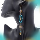 Teal Beaded Long Dangle Earrings with Sparkly Crystals, Boho Vintage Style
