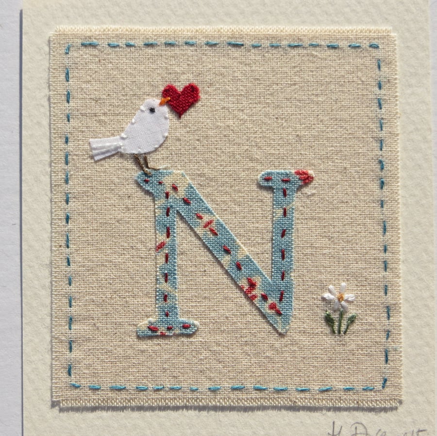 Sweet little hand-stitched letter N new baby, birthday or Christening