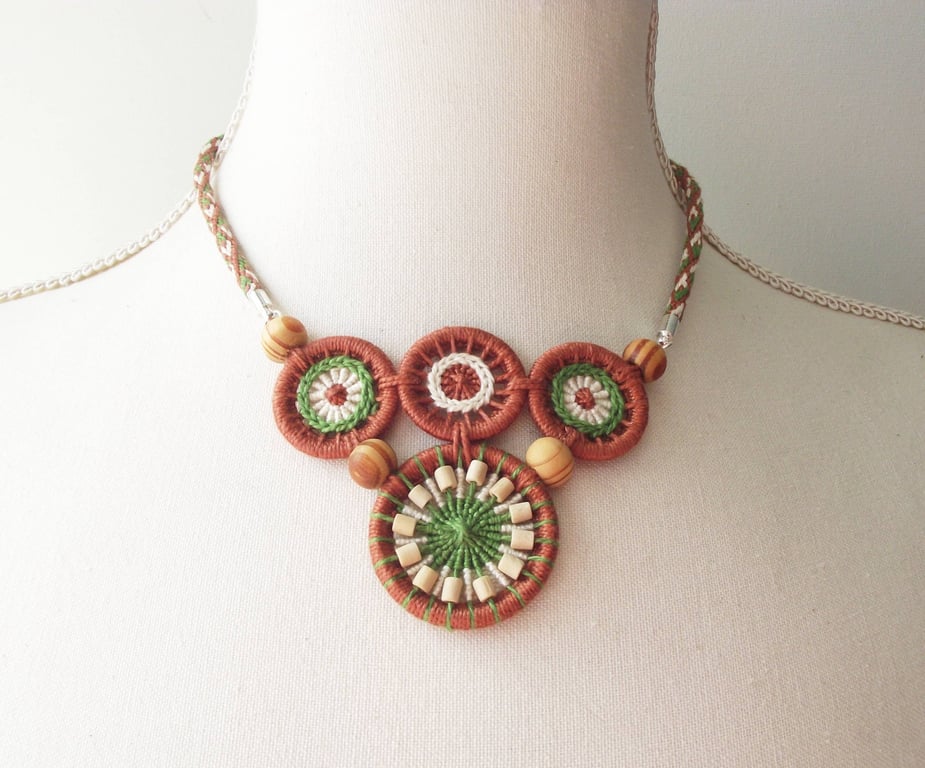 Dorset Button Statement Necklace with Kumihimo Braid, Brown, Cream, Green