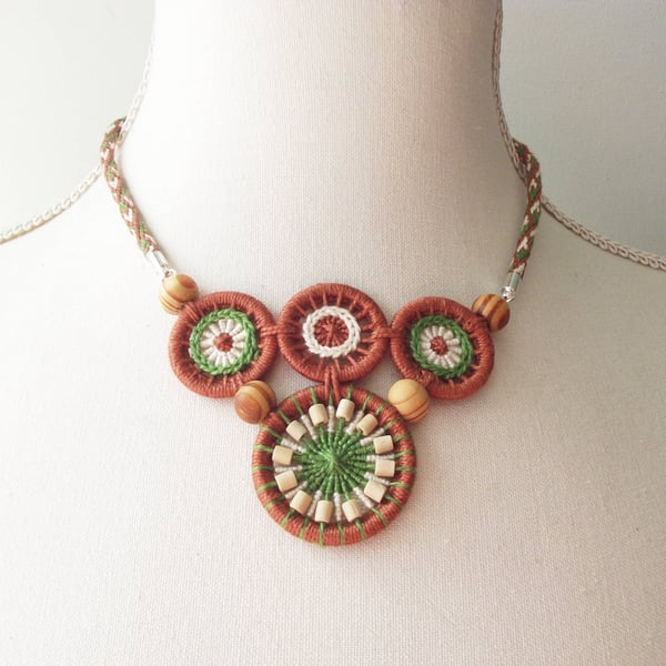 Dorset Button Statement Necklace with Kumihimo Braid, Brown, Cream, Green