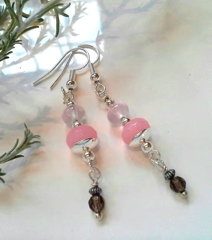 Pink Jade,  Rose Quartz & Smokey Quartz Dangle Design Earrings