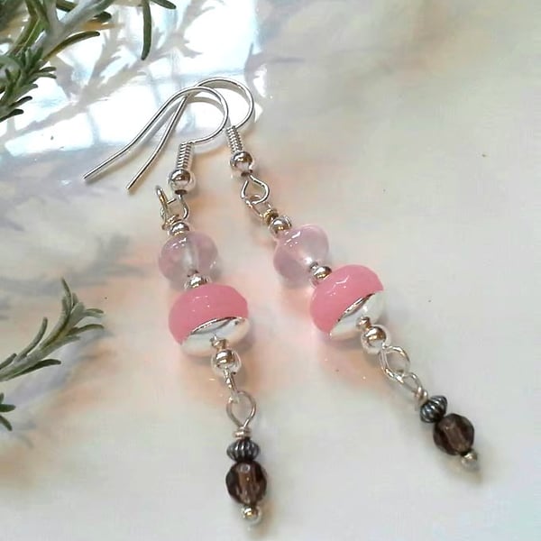 Pink Jade,  Rose Quartz & Smokey Quartz Dangle Design Earrings