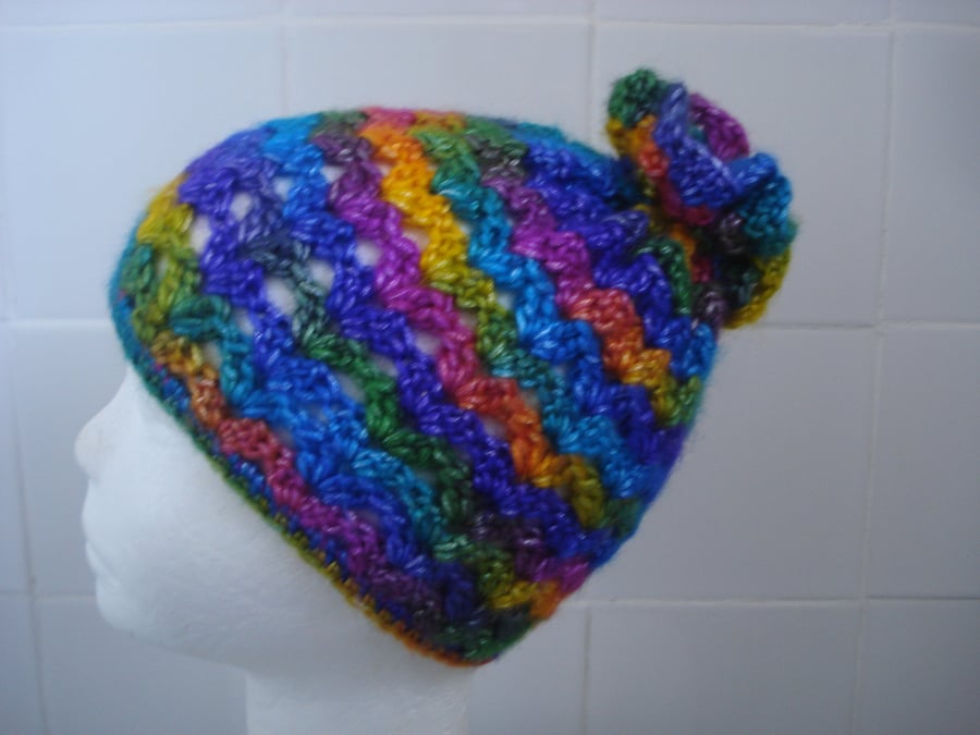 Hand Crochet Multi Coloured Pull On Childs Hat (R708)