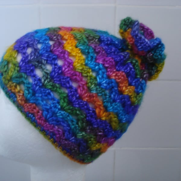 Hand Crochet Multi Coloured Pull On Childs Hat (R708)